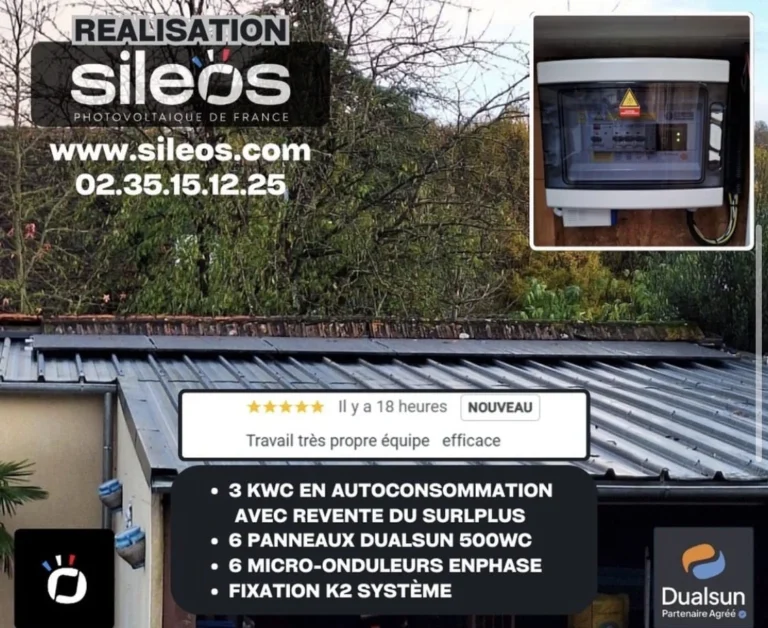 Réalisation Sileos à Barentin : panneaux solaires sur toiture métallique et coffret de protection