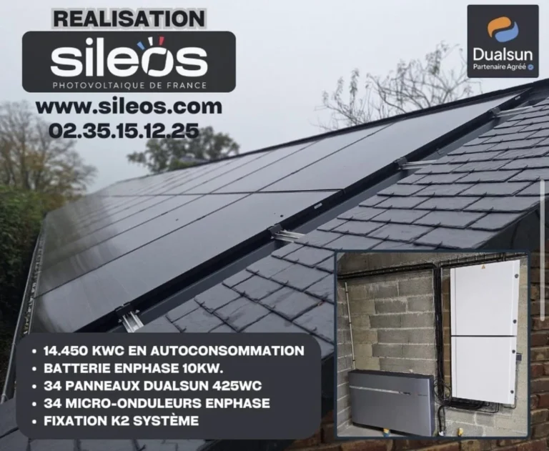 Réalisation Sileos à Vernon : panneaux Dualsun sur toiture en ardoise avec batterie Enphase
